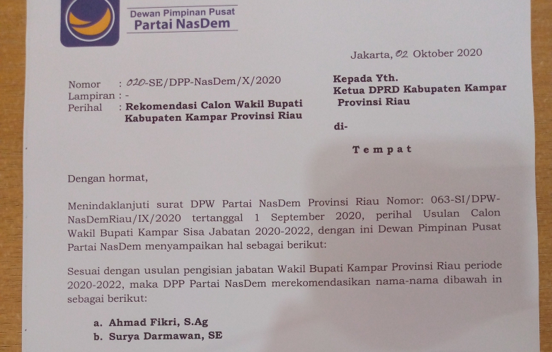 DPP NasDem Keluarkan Rekomendasi Wabup Kampar, Ada Surya Darmawan dan Ahmad Fikri